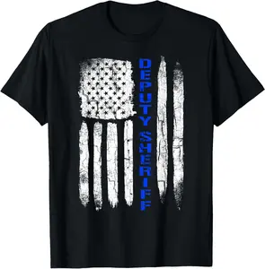 100% Cotton Fashion Garment Deputy Sheriff Shirts for Men Thin Blue Line American Flag T-Shirt
