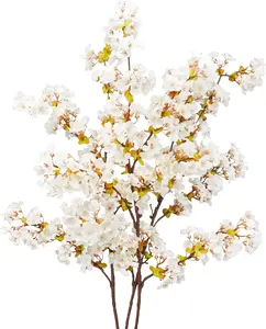 Silk Cherry Blossom Branches, 39.3in Artificial Cherry Blossom Tree Stems, Fake Plum Blossom Flowers Arrangement for Wedding Home Japanese Decor, Set of 3, White