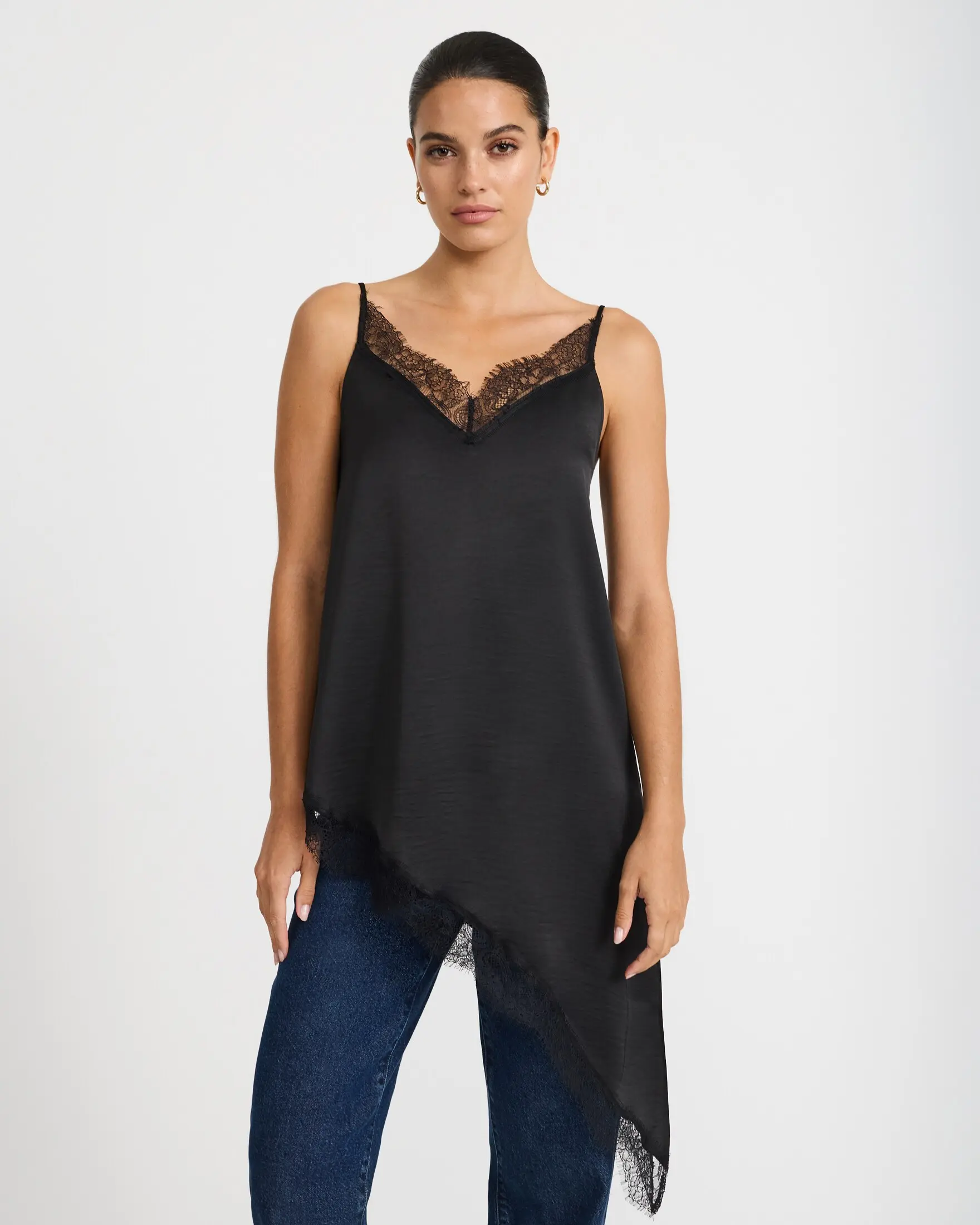 Express Satin Lace Trim V-Neck Asymmetrical Tunic Cami