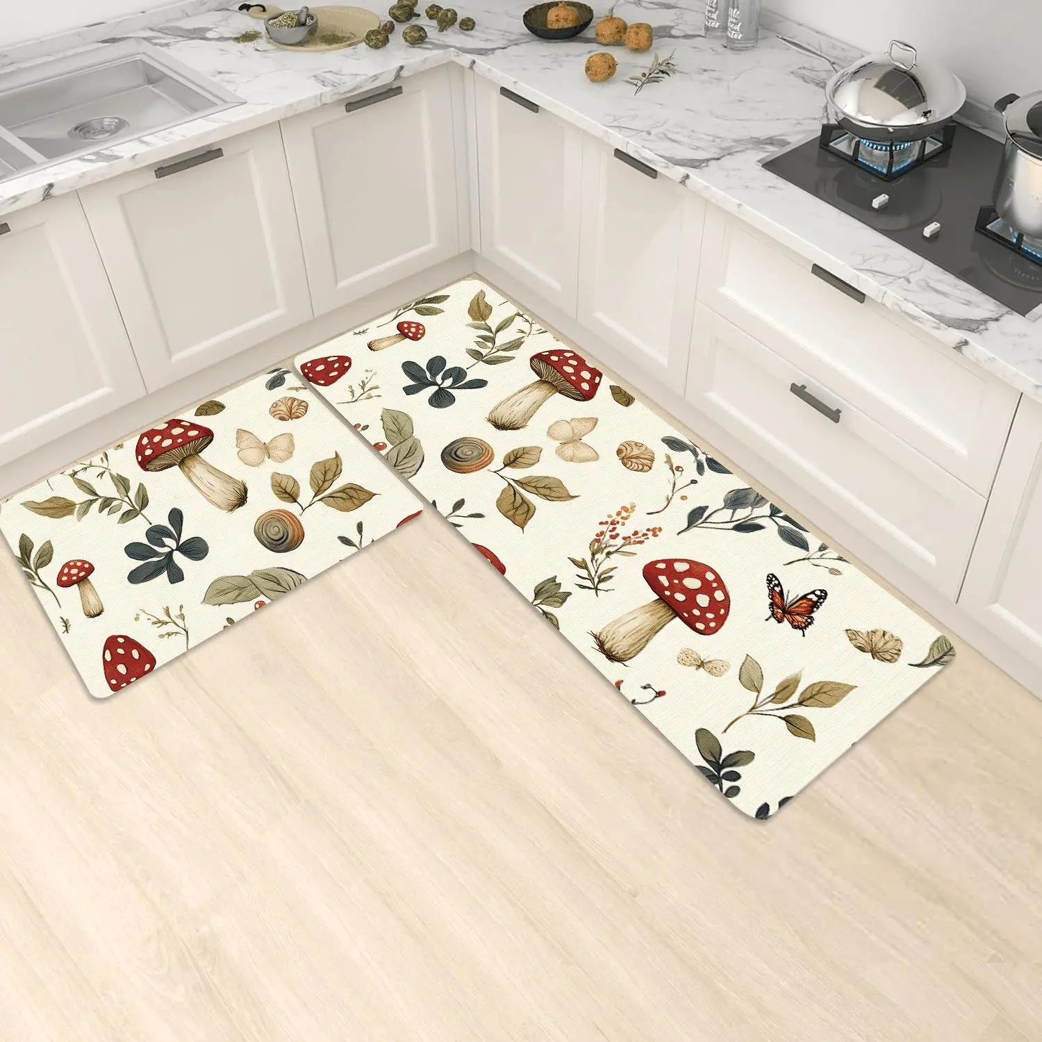 Vintage Red Spotted Mushroom Butterfly Kitchen Rug, Botanical Leaf Pattern Anti-Slip Absorbent Floor Mat for Kitchen Home Decor