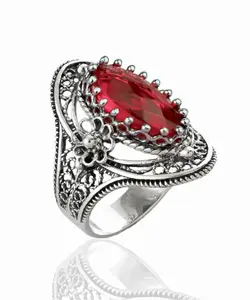 Filigree Art Silver Ruby Gemstone Daisy Figured Woman Statement Ring
