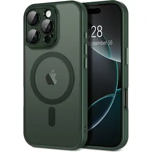 for  16 Pro Max Case  Translucent Matte Phone Cases with Camera Cover Lens Protector [Compatible with MagSafe] Slim Shockproof Bumper Protective Cover for Women Men, Dark Green