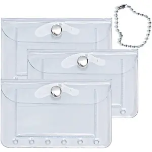 Mogoostry A7 Binder Pockets 3PCS Clear Coin Purse 6 Holes Binder Pouches Snap Closure Clear Wallet Card Holder Keychain Pouch Organizer