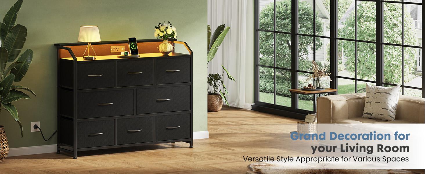 8 Fabric Drawers Dresser with Power Outlets LED Light, Multifunctional TV Stand Storage Cabinet for Bedroom, Living Room, Office, Hallway 8 Fabric Drawers Dresser with Power Outlets LED Light, Multifunctional TV Stand Storage Cabinet for Bedroom, Living Room, Office, Hallway