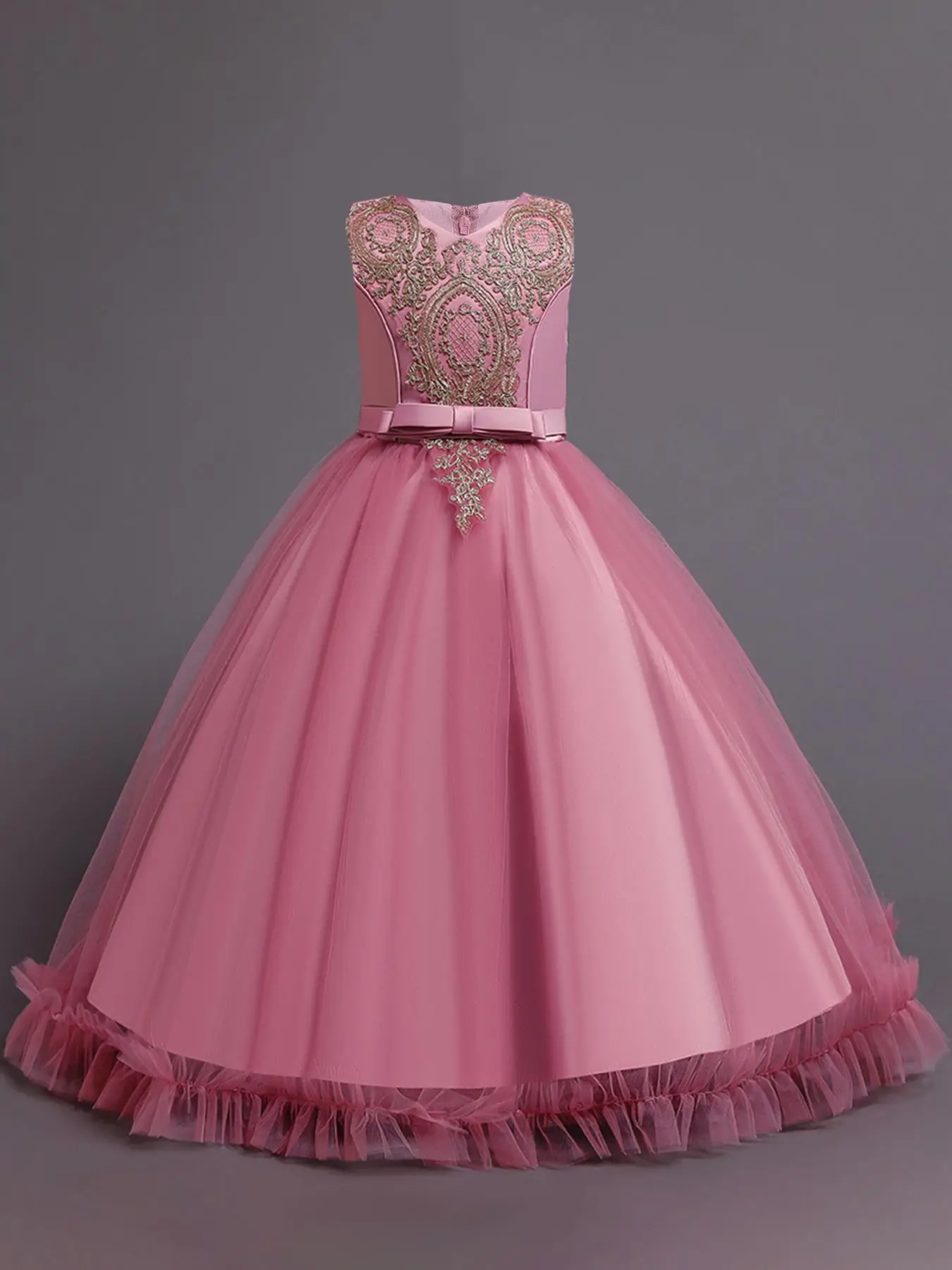 Girl's Floral Embroidery Bow Back Dress, Elegant Sleeveless V Neck Dress for Party Performance Wedding Guest, Kids Clothes for All Seasons