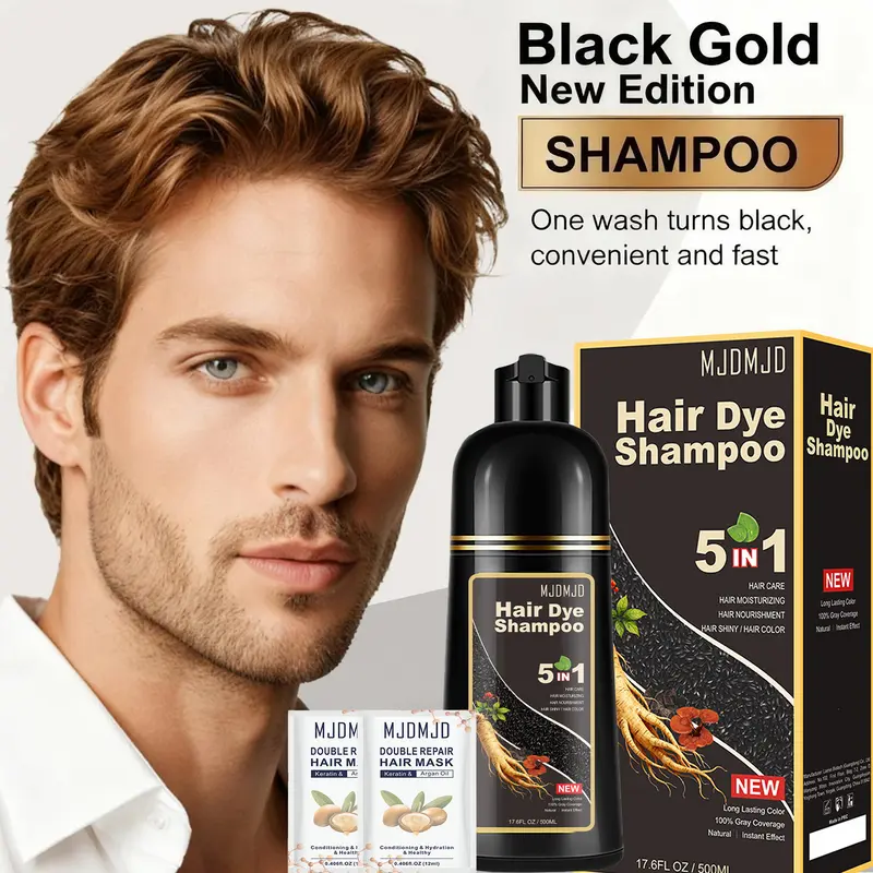 MJDMJD 5-in-1 Ginseng & Argan Oil Haircare Coloring Shampoo Set - Semi-Permanent Color, 2 Hair Masks, 10-Min Gray Coverage, Ammonia-Free, Safe for Men’s & Women’s Hair & Beard, 500ml, Coloring Shampoo Semi-Permanent Color