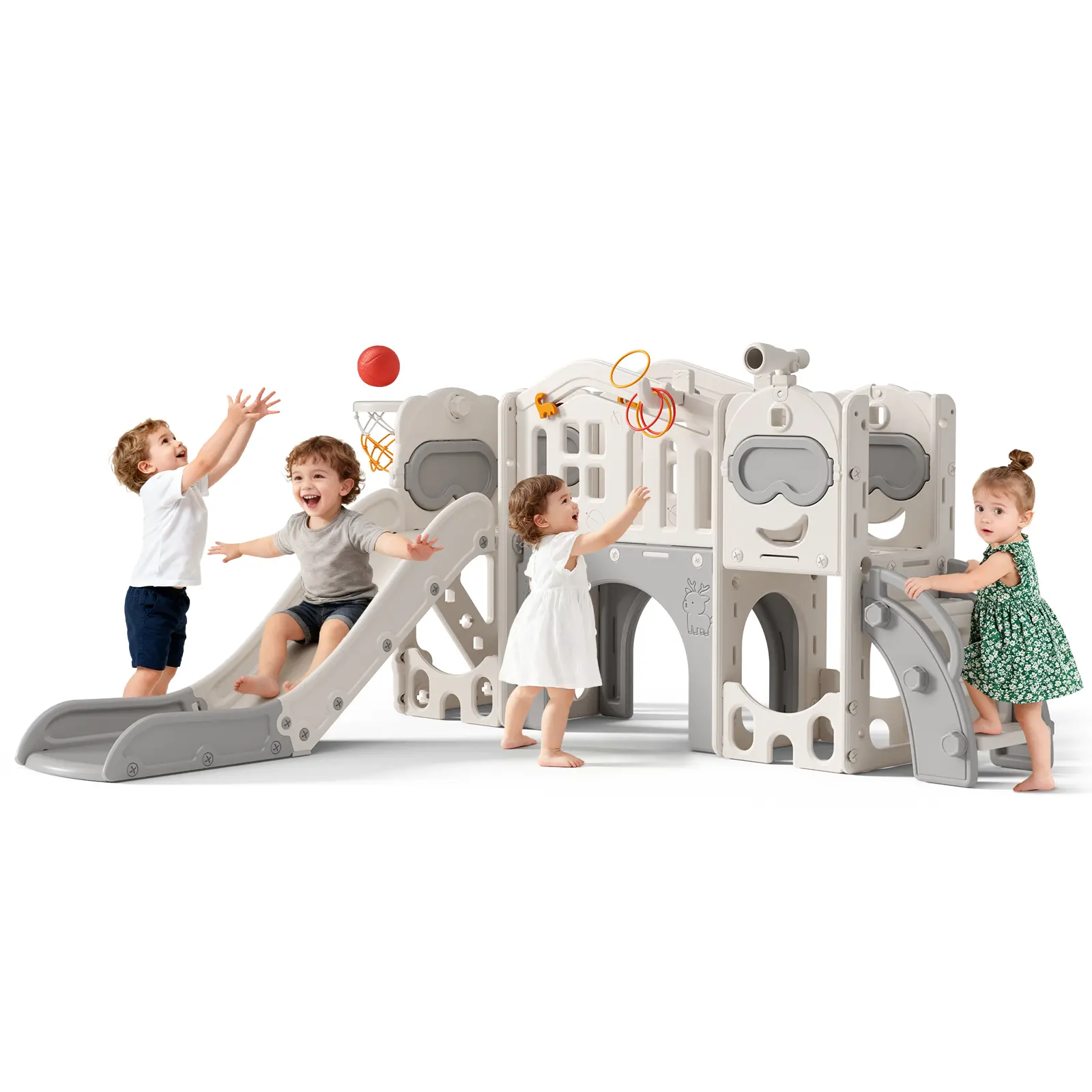 Unisex Multi-Function Toddler Slide Set, Kids Climb+Crawl Playgym with Slide+Ladder, Climbing Bridge, Crawl Tunnel, Basketball Hoop & Ring Toss, Indoor-Outdoor Activity Play Castle for Children