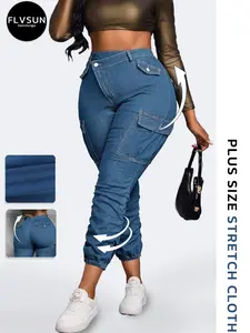[Plus Size] Elastic Cargo Pants Denim, Elastic Cuff Jeans Nine-Point Tight-Fit Pocket Design Asymmetrical Button Closure