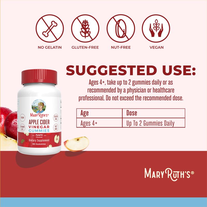 MaryRuth's Apple Cider Vinegar Gummies - With Vitamin B12 for Immune Support & Energy Metabolism - Beetroot - Pomegranate - Sugar Free - 30 Servings