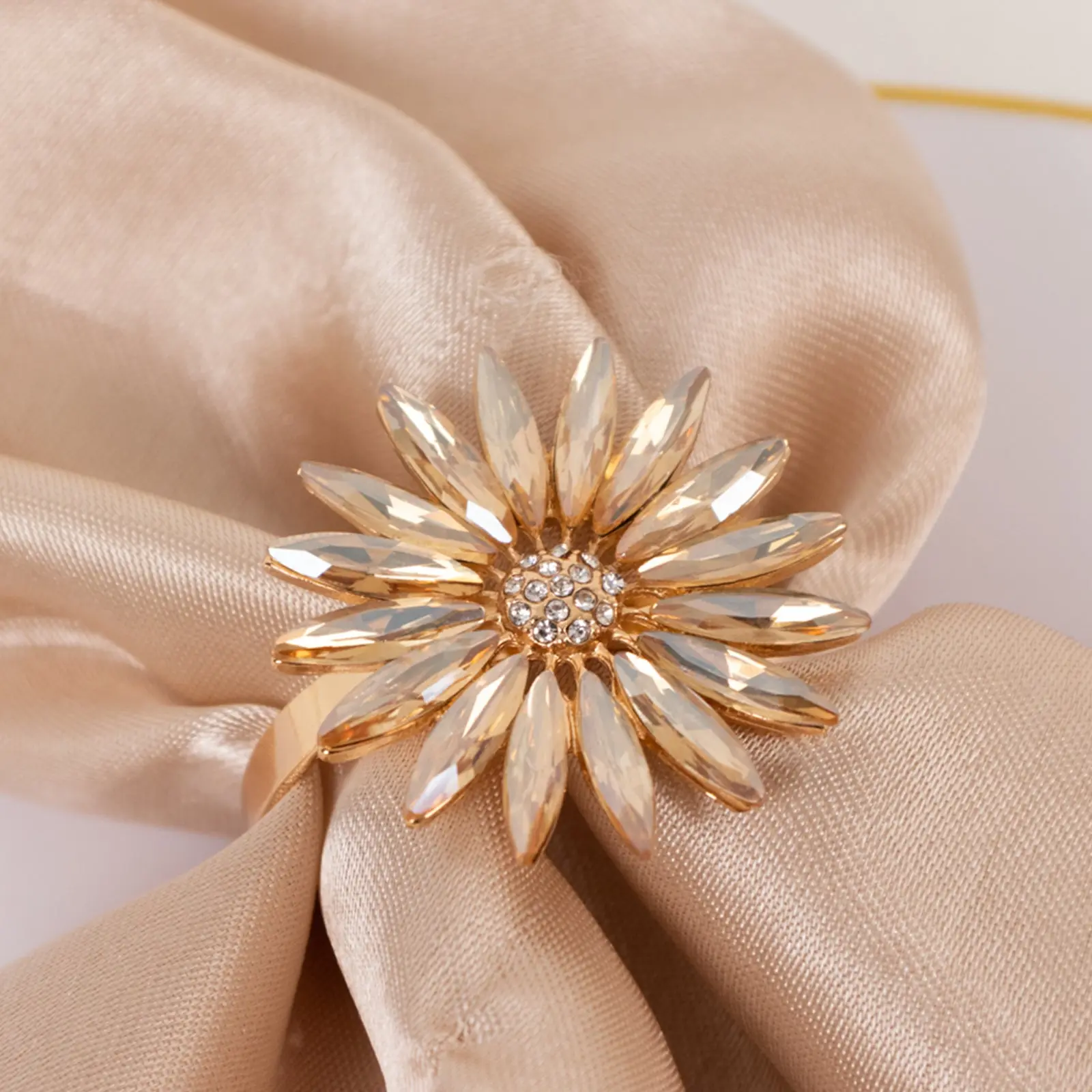Glam 4-Pack Amber Gold Daisy Floral Metal Napkin Rings with Rhinestones - 2" Home Cutlery Dinnerware Decorative Napkin Holders