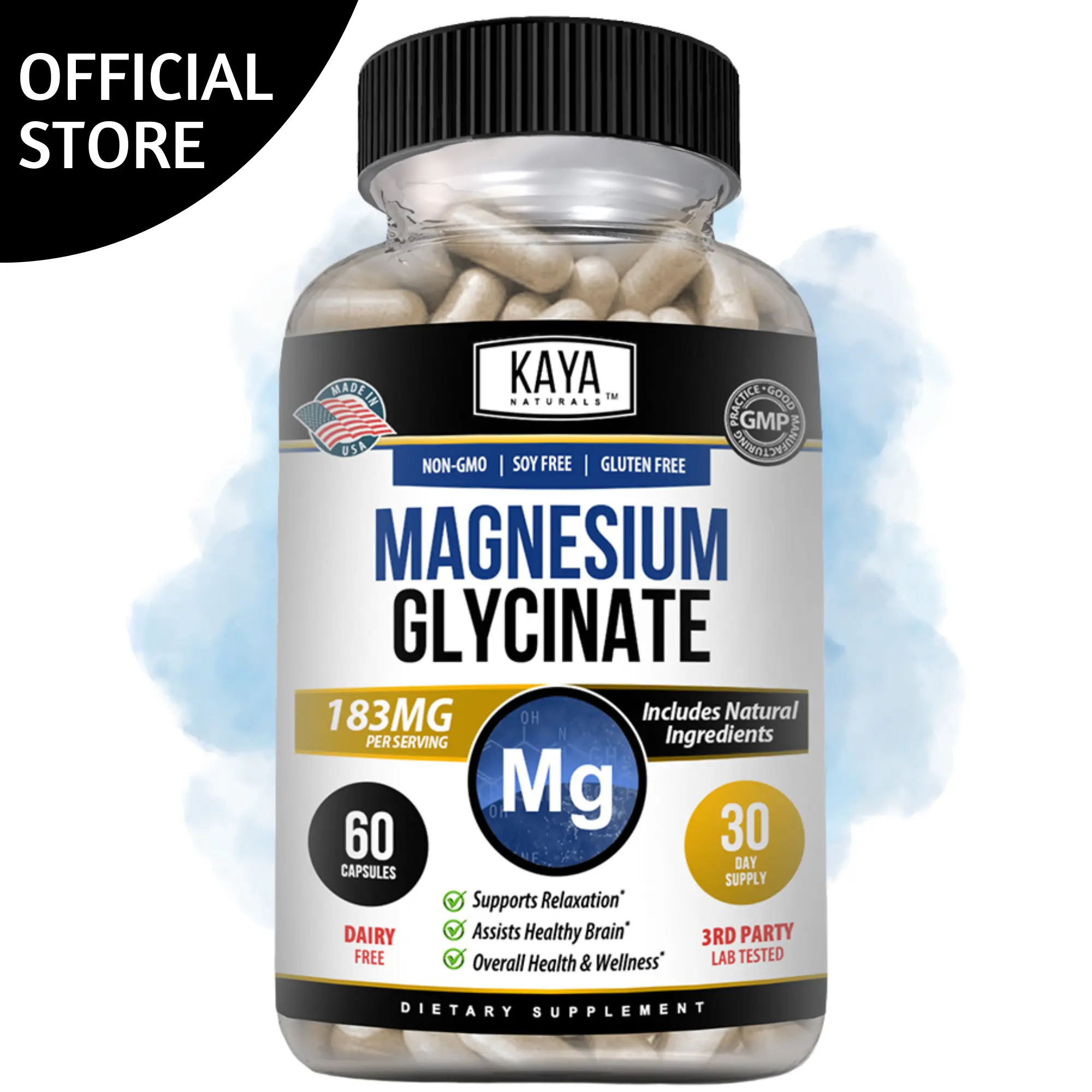 Kaya Naturals Magnesium Glycinate 183mg Chelated for Maximum Absorption, Non-GMO, NO Gluten Dairy & Soy, Supports Muscle, Joint, and Heart Health - 60 Veggie Caps Supplement