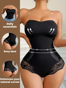 Women's Strapless Shapewear Bodysuit, Waist Control Lace Fabric Slimming Bodyshaper, Corset Waist Shaping, Detachable Straps, Seamless Design