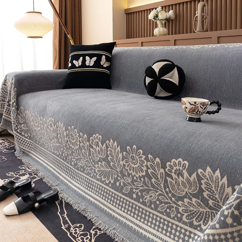 1 Piece Classic Chenille Plush Sofa Cover, Couch Covers, Soft Sofa Protector, Dustproof Sofa Slipcover, Slipcover for Sofa - Floral Pattern Tassel Design, Scratch-Resistant, Pet-Friendly, Machine & Hand Washable, All-Season, Fits 1/2/3/4 Seater Sofas