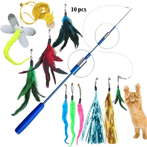 Colorful Feather Toy Set, 10pcs/set Interactive Cat Teaser Toy, Interactive Kitten Wand, Retractable Fishing Pole & Feather Toys, Fun Indoor and Outdoor Cat Toys