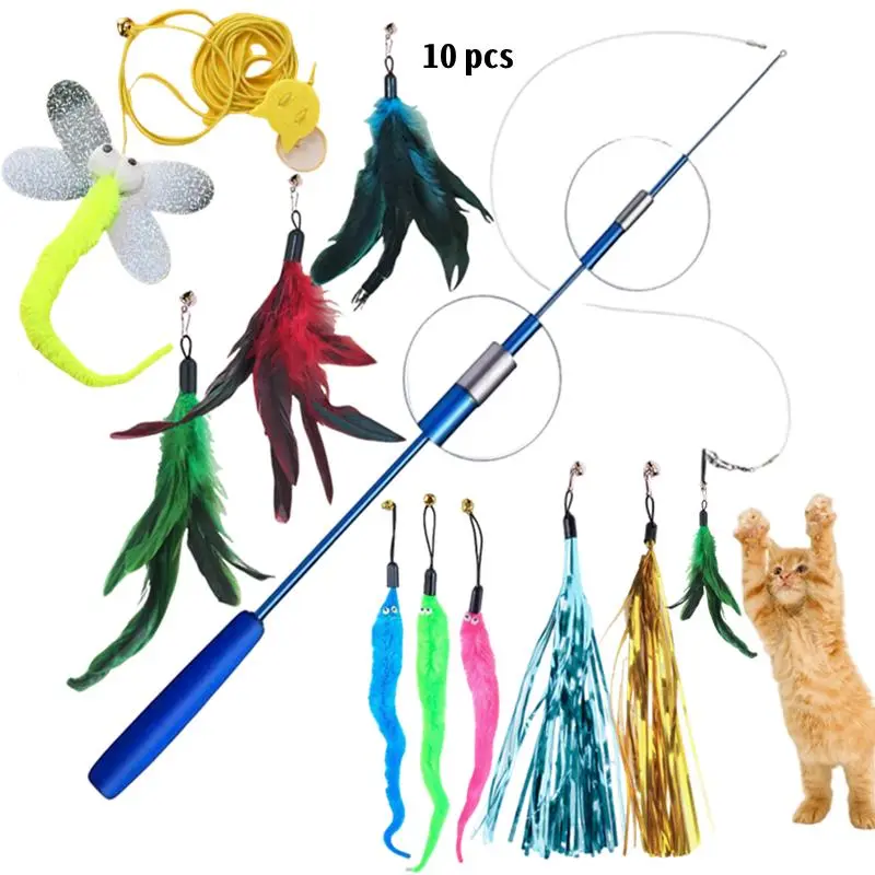 Colorful Feather Toy Set, 10pcs/set Interactive Cat Teaser Toy, Interactive Kitten Wand, Retractable Fishing Pole & Feather Toys, Fun Indoor and Outdoor Cat Toys