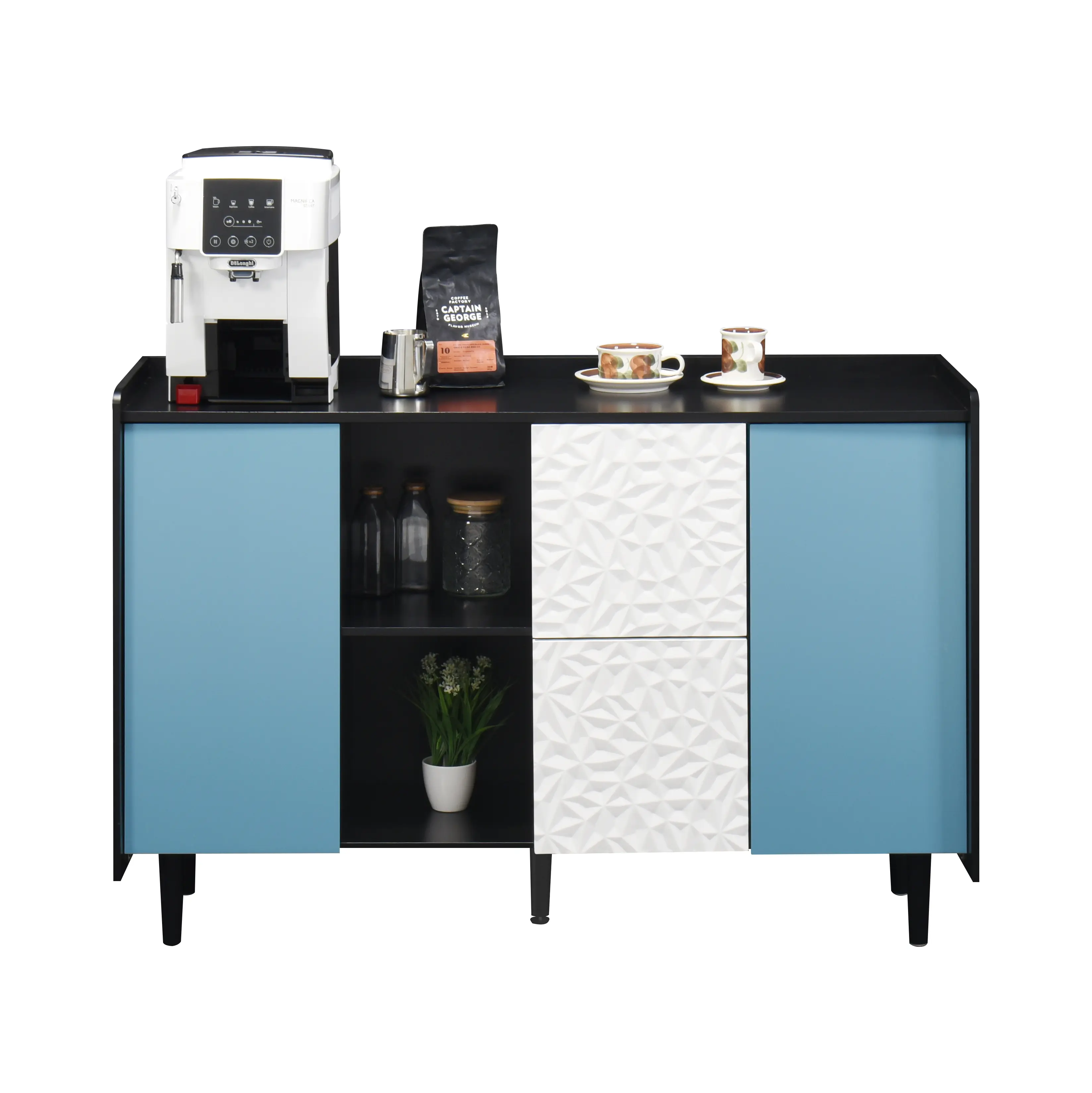 Dreamzon furniture Sideboard Buffet Cabinet, Black Storage Cabinet with Blue Doors , 2 Drawers with unique panel styling and 2 Open Storage Compartment, Modern Coffee Bar Cabinet Accent Cabinet for Kitchen, Dining Room,