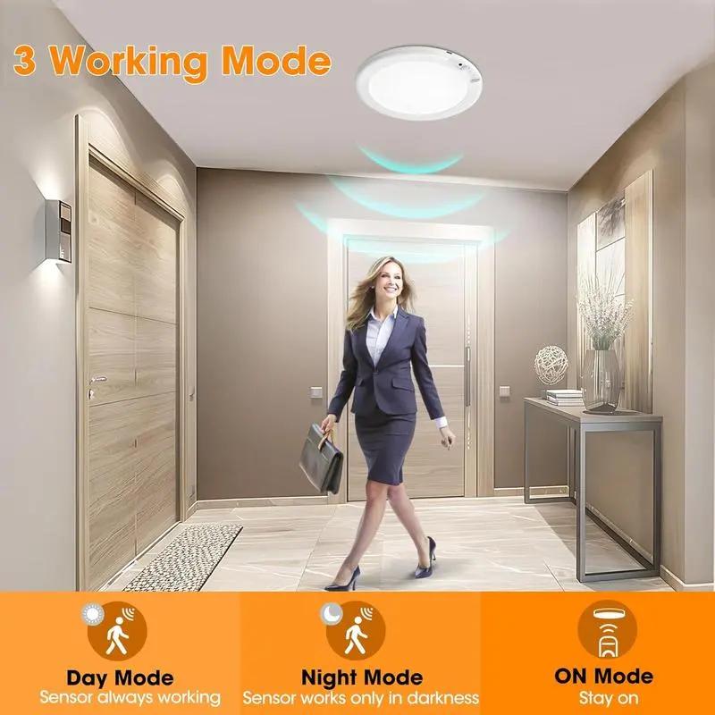 Rechargeable Ceiling Light 4-Pack, 3 Color Modes, Motion Sensor with Remote, Wireless Battery-Operated Magnetic LED Lights for Shower, Closet, Pantry, Shed, Hallway, Porch, Garage