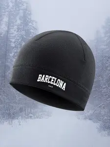 Fleece Beanie Hat with Barcelona Spain Pattern, Warm Winter Outdoor Headwear, Casual Fitted Style, Fall & Winter Accessories