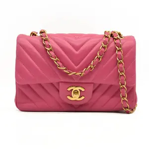 Pre-owned CHANEL leather Shoulder Bags $5200 Lambskin Chevron Quilted Mini Rectangular Flap Dark Pink 21*