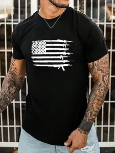 Men's Flag Print Round Neck Tee, Regular Fit Casual Short Sleeve Crew Neck T-Shirt for Summer, Fashion Street Style Men's Top for Daily Wear