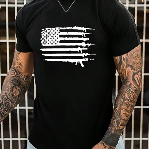 Men's Flag Print Round Neck Tee, Regular Fit Casual Short Sleeve Crew Neck T-Shirt for Summer, Fashion Street Style Men's Top for Daily Wear, Streetwear, Menswear, Casual Summer Clothing