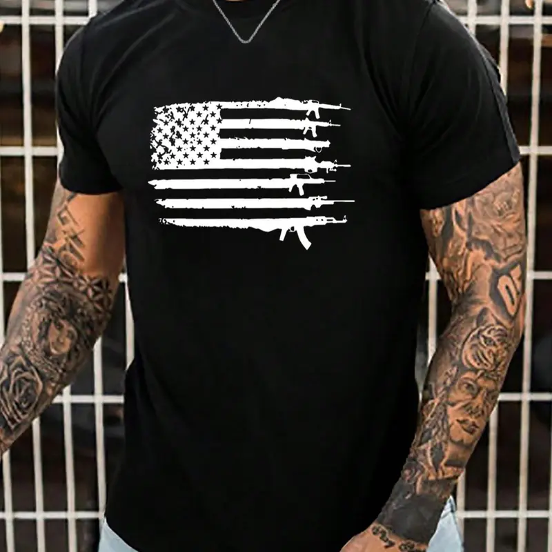 Men's Flag Print Round Neck Tee, Regular Fit Casual Short Sleeve Crew Neck T-Shirt for Summer, Fashion Street Style Men's Top for Daily Wear, Streetwear, Menswear, Casual Summer Clothing