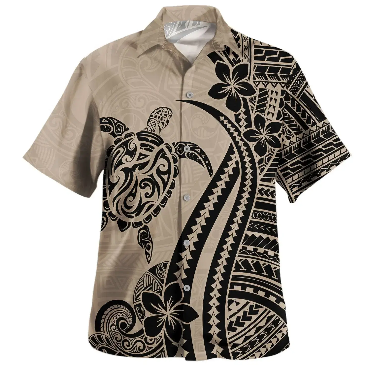 Men's Khaki Beige Hawaiian Shirt – Polynesian Sea Turtle (Honu) Tattoo Print Short Sleeve Beach Shirt, Vintage Tan Vacation Top