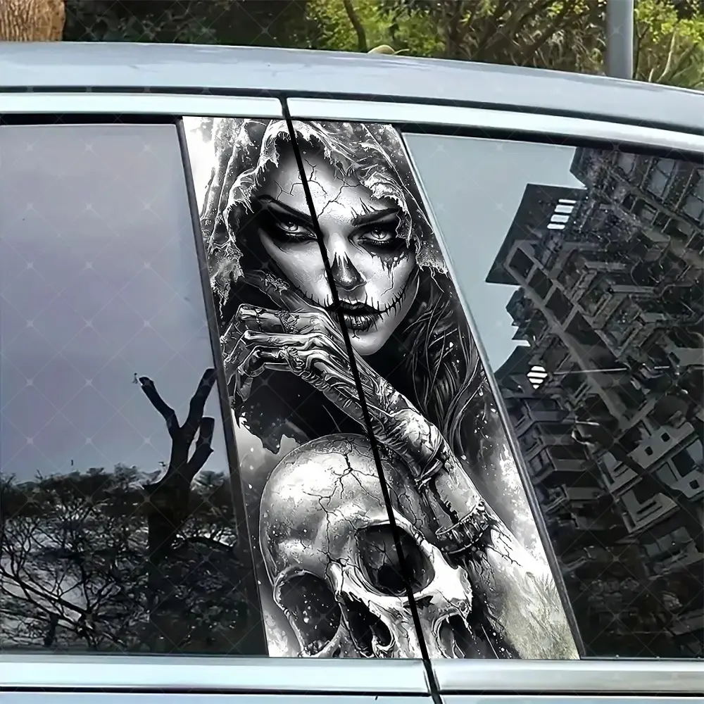 2pc Skull Girl Vinyl Sticker, Premium Skull Stickers, Universal Car Sticker, Car Decals, Automotive Decals, Car B Pillar Protection Decal, Easy Peel & Stick, Sunproof Waterproof Scratch Resistant, All Car Models, Decal For Cars