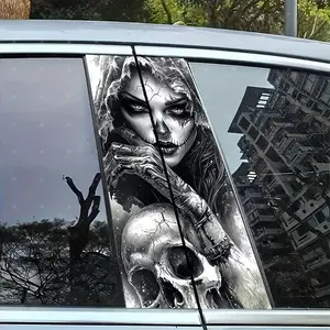 2pc Skull Girl Vinyl Sticker, Car Decals, Car B Pillar Protection Decal, Easy Peel & Stick, Sunproof Waterproof Scratch Resistant, All Car Models, Decal For Cars