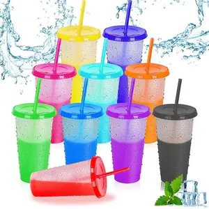 Color Changing Cups 10Pcs 24oz Plastic Tumblers With Lids and Straws for Iced Coffee Smoothie - Reusable Leak Proof Party Cups for Kids