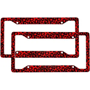 2 Sets Leopard Animal Print Red Premium License Plate Holder - Car Truck SUV Front and Rear Bracket for Enhanced Night Vision 4 Holes ﻿