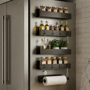 No-Drill Magnetic Shelves 5pc | Strong Metal Storage Organizer for Kitchen & Fridge Side | Magnetic Spice Rack Set Black | Space Saver for Tiny Home, Dorm, RV & Pantry | Waterproof Heavy Duty Wire Rack for Spices, Jars, Olive Oil & Cleaning Supplies