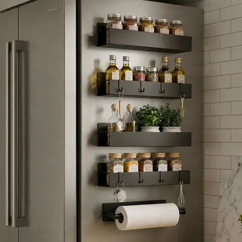 5pc No-Drill Magnetic Steel Shelves - Durable Rectangle Metal Organizer with Metal Organiser Hook, Waterproof Heavy-Duty Magnetic Attachment Shelving & Storage for Kitchen Pantry, College Dorm