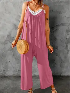 Pink Red Spaghetti Straps Wide Leg Pocketed Jumpsuits