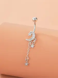 Women's Elegant Rhinestone Decor Star & Moon Design Belly Rings, Exquisite Belly Piercing Jewelry, Chic Body Jewelry for Party Decor for Crop Top Outfits, Flat Pierced Jewelry, Belly Button Jewelry