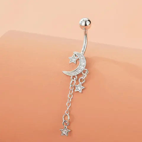 Women's Elegant Rhinestone Decor Star & Moon Design Belly Rings, Exquisite Belly Piercing Jewelry, Chic Body Jewelry for Party Decor for Crop Top Outfits, Flat Pierced Jewelry, Belly Button Jewelry, Body Jewellery
