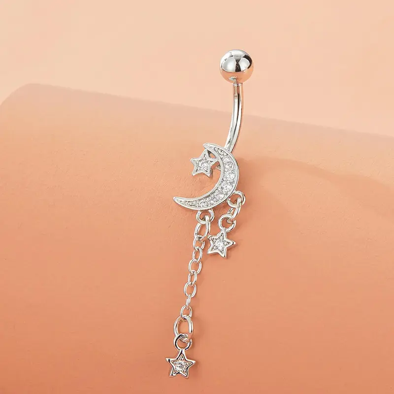 Women's Elegant Rhinestone Decor Star & Moon Design Belly Rings, Exquisite Belly Piercing Jewelry, Chic Body Jewelry for Party Decor for Crop Top Outfits, Flat Pierced Jewelry, Belly Button Jewelry, Body Jewellery