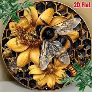 Aluminum Bee Honeycomb Wall Art for Home Kitchen Bar Cafe, 8x8 Inch Tropical Wreath Metal Sign, Durable 2D Flat Decorative Aluminum Sign