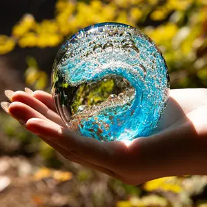 Hand Blown Glass Paperweight, Ocean Wave Design, Blue & Sand Art, Perfect for Cozy Home Décor, Ideal Gift for Dad