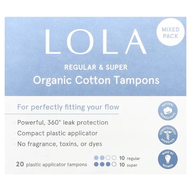 Lola Organic Cotton Tampons with Plastic Applicators, Regular & Super, 20 Tampons