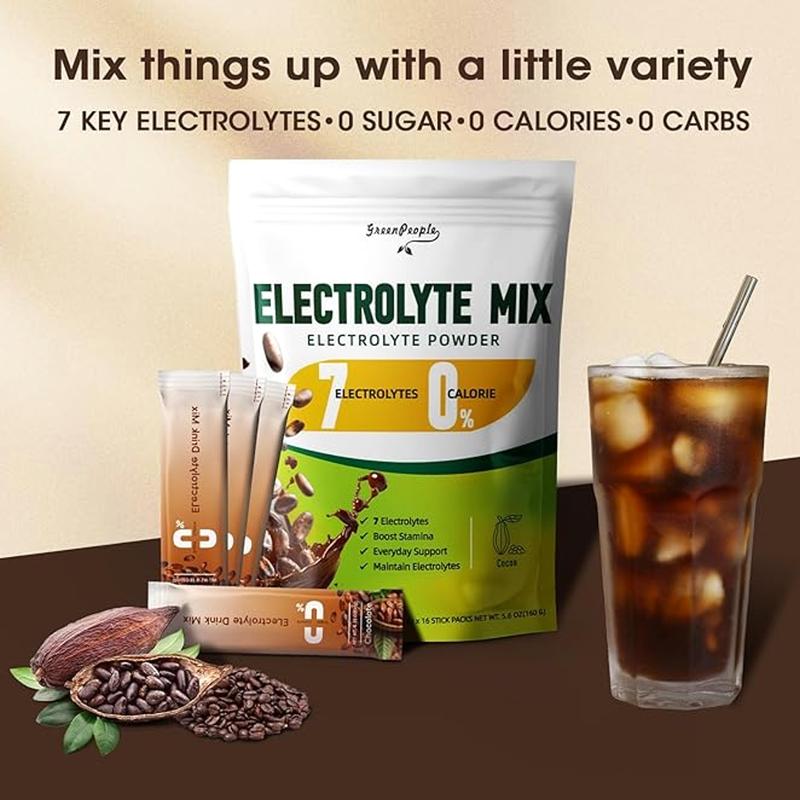 Electrolyte Powder Mix with 7 Electrolytes for Hydration & Stamina Support - Zero Calorie, Cocoa Flavor, 16 Stick Packs