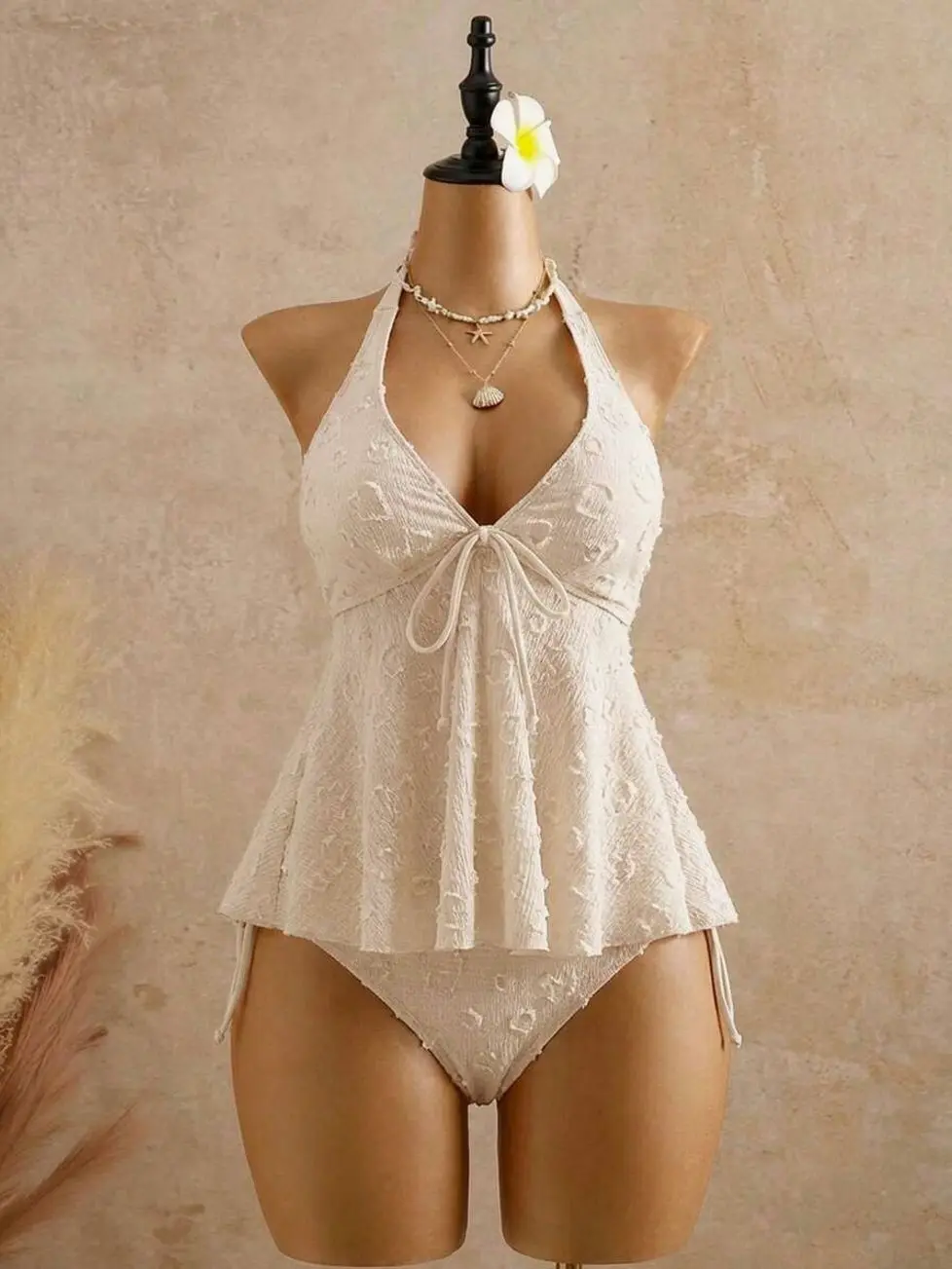 Bellisia Cream White Cut-Thread Textured Jacquard Tankini Swimsuit | Backless Halter Babydoll Top | Tummy Control Beach Bridal 2PC Bathing Suit