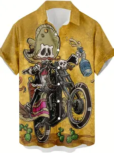 Skull Riding Motorcycle Vintage Pattern 3D Printed Men's Casual Shirt,  Hip Hop Rock Street Style Hawaiian Shirt