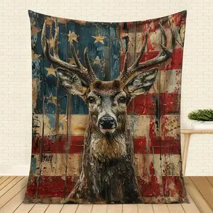 Rustic Deer Head Digital Print Fleece Blanket - Comfortable and Soft, Featuring an American Flag Design, Suitable for Home, Office, Travel, and Camping | Machine washable, polyester fiber suitable for All Year Round