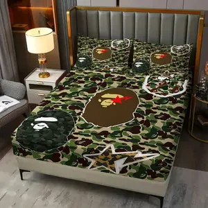 3Pcs Camouflage Pattern Fitted Sheet Set, Brown Ape Head Silhouette with Red Lightning Bolt, Stylish Streetwear Aesthetic, Perfect for Trendy Bedroom Makeover and Fashion-Forward Decor Includes 2 Pillowcases, No Pillow Core