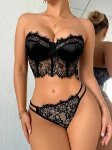 2Pcs Black Floral Lace Bustier Set, Eyelash Trim Underwire Corset+Thong, Sexy Sheer Lace Lingerie. Ideal Gift For Her Valentine’s Day, Christmas & Anniversary. French Date Night Outfit, Slim Corset, Bustier With Clear Removable Straps Underwear Women