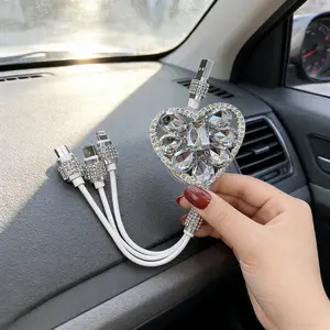 Pink Clear Sparkly Charging Cable 3-in-1 Heart Diamond Crystal Girly Car Accessory Fast Charge Phone Charger Cute Viral Gift for Her
