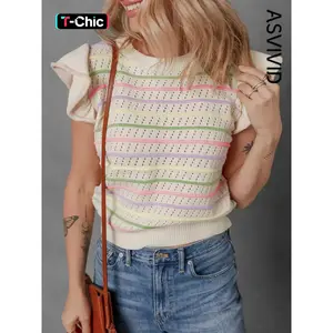 Women's Casual Colorful Striped Round Neck Eyelet Knit Ruffled Sleeve Sweater T-Shirt for Summer