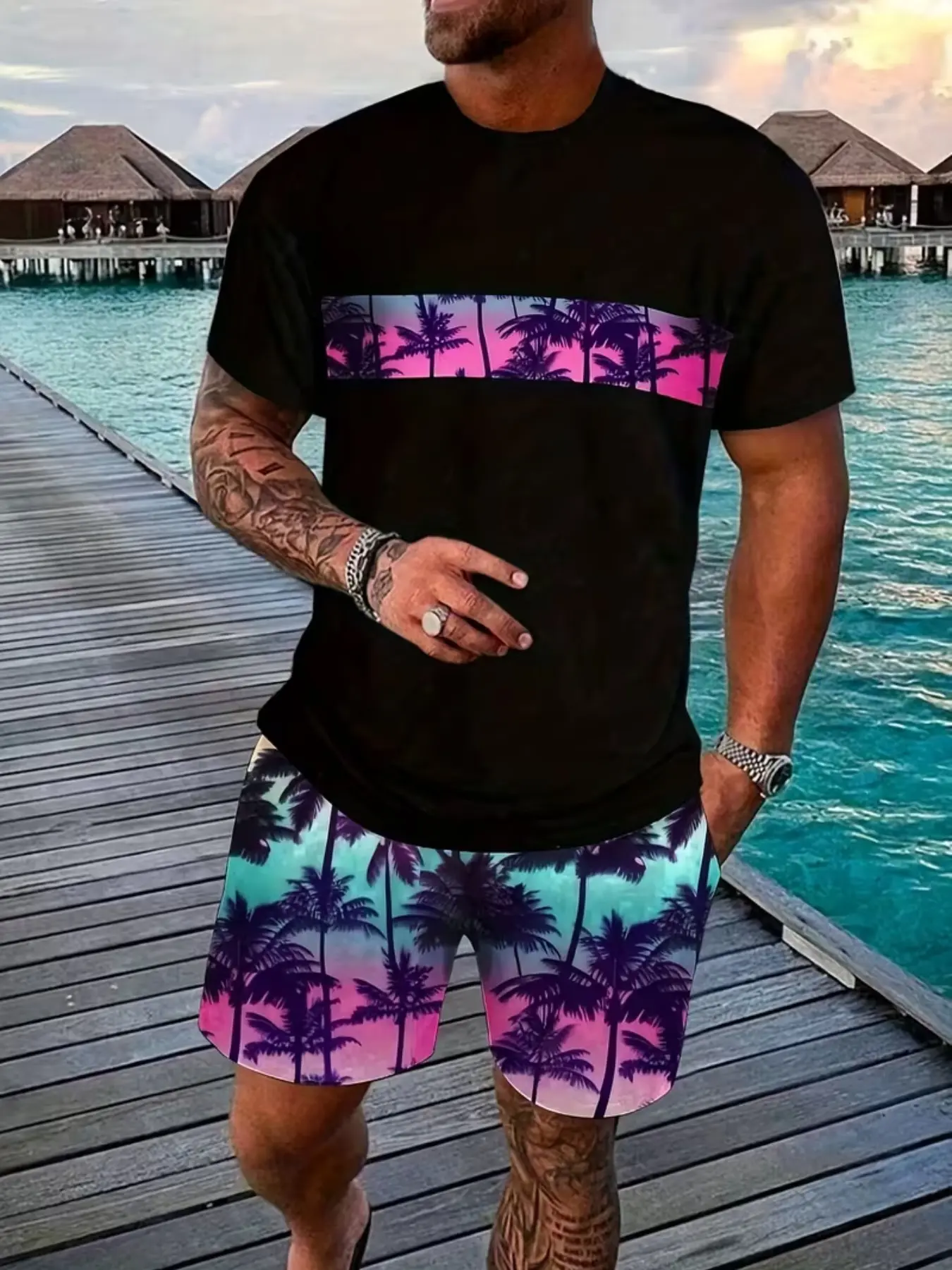 Men's Short-Sleeve Round-Neck Coconut Tree Tropical Print Knit Tee & Shorts Set, Summer Classic Casual Vacation Outdoor Outfit, Menswear