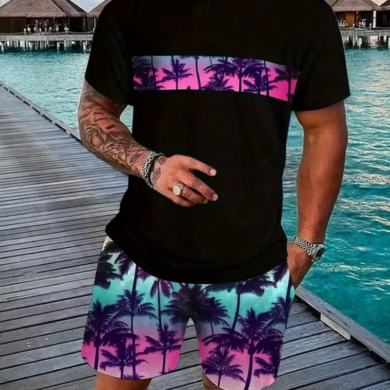 Men's Short-Sleeve Round-Neck Coconut Tree Tropical Print Knit Tee & Shorts Set, Beach Set Print, Summer Classic Casual Vacation Outdoor Outfit, Menswear